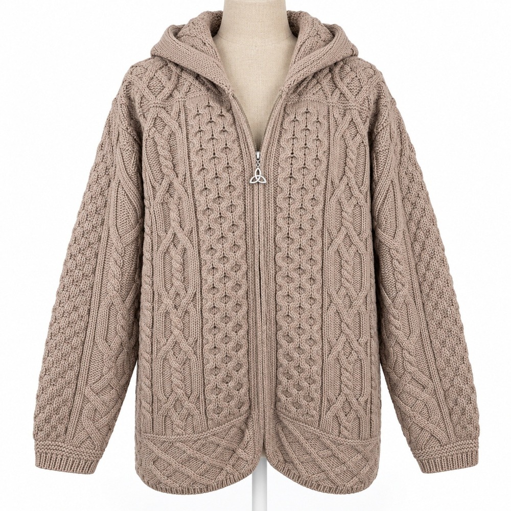 Aran Crafts Men 100% Merino Wool Full Zip Hooded Sweater Size L Brown Cable Knit